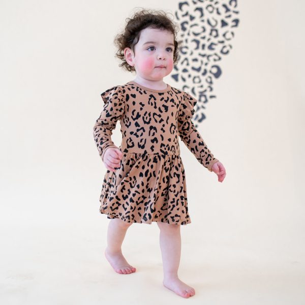 Long Sleeve Twirl Bodysuit Dress in Latte Leopard